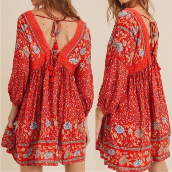 ✨
Cherry Red Floral BOHO Deep V Neck Tassel Tie Low Back Tunic Mini Dress✨ - Picture 7 of 10